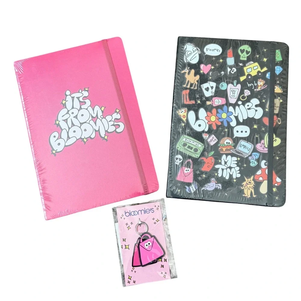 Bloomies Doodle Notebook Set‎ and Bag Charm Pink Black Journal Bundle NWT